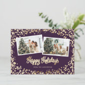 Festive Paars Twinkle Lights Stars Foto Feestdagenkaart (Staand voorkant)