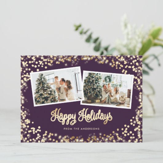 Festive Paars Twinkle Lights Stars Foto Feestdagenkaart (Staand voorkant)