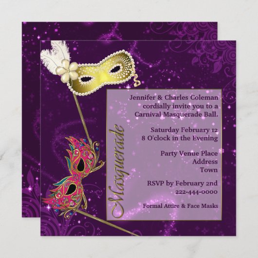 Festive Paarse Custom Masquerade Ball Invitation Kaart (Voorkant / Achterkant)