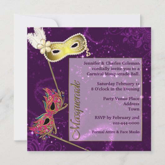 Festive Paarse Custom Masquerade Ball Invitation Kaart (Voorkant)