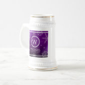 Festive Paarse Folie Snowflakes Monogram Naam Bierpul (Voorkant links)