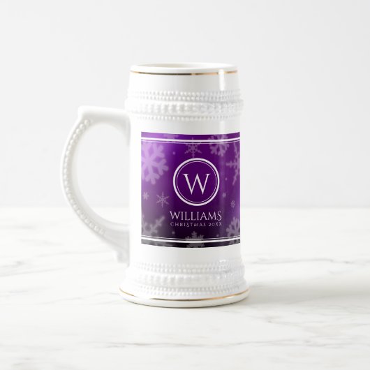 Festive Paarse Folie Snowflakes Monogram Naam Bierpul (Links)