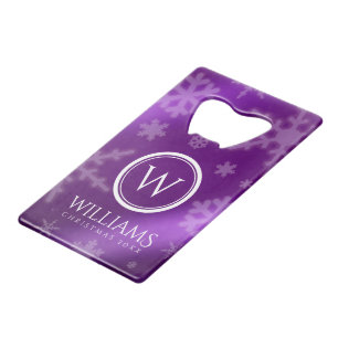 Festive Paarse Folie Snowflakes Monogram Naam Creditkaart Flessenopener