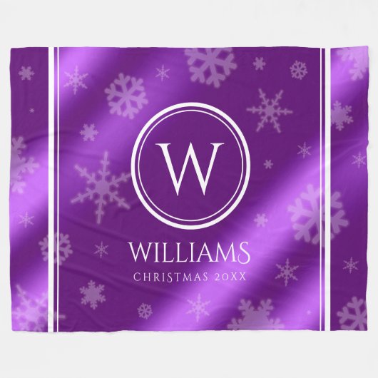 Festive Paarse Folie Snowflakes Monogram Naam Fleece Deken (Voorkant (Horizontaal))