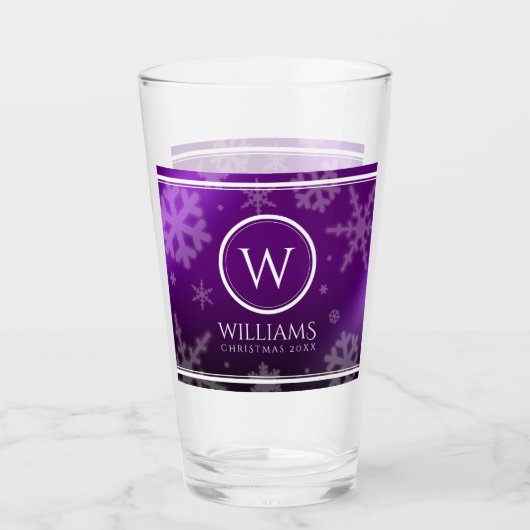 Festive Paarse Folie Snowflakes Monogram Naam Glas (Voorkant)