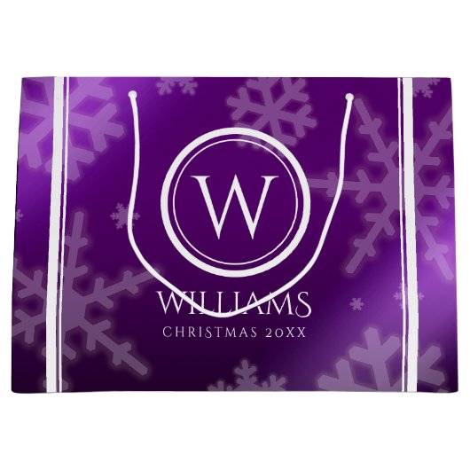 Festive Paarse Folie Snowflakes Monogram Naam Groot Cadeauzakje (Voorkant)