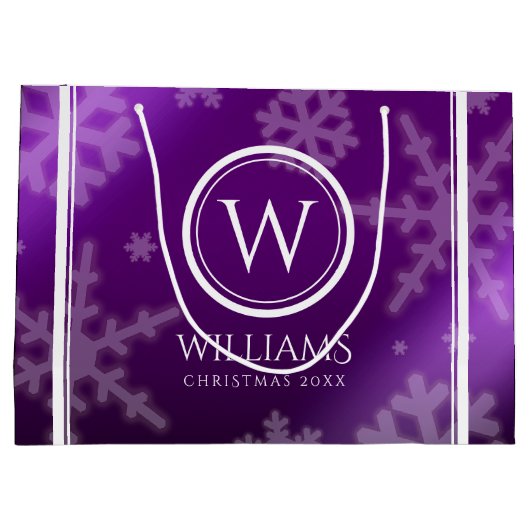 Festive Paarse Folie Snowflakes Monogram Naam Groot Cadeauzakje (Achterkant)