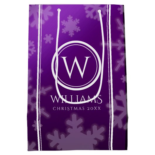 Festive Paarse Folie Snowflakes Monogram Naam Medium Cadeauzakje (Achterkant)