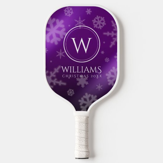 Festive Paarse Folie Snowflakes Monogram Naam Pickleball Paddle (Voorkant)