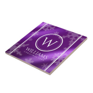 Festive Paarse Folie Snowflakes Monogram Naam Tegeltje