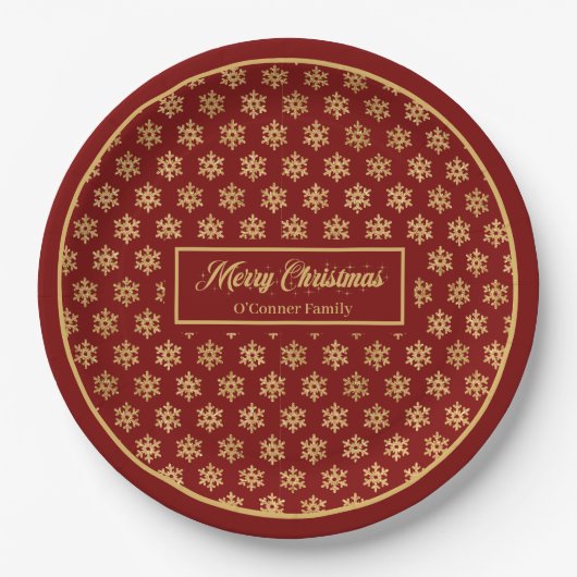 Festive Paper Plates Red Gold Christmas Snowflakes Papieren Bordje (Voorkant)
