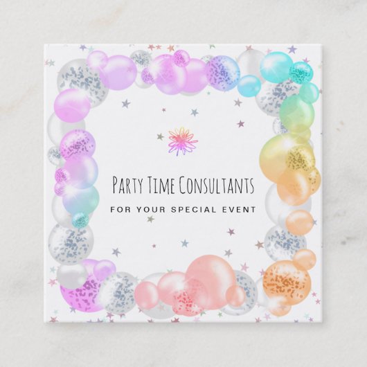 *~* Festive Party Balloons Rainbow Event Planner   Vierkante Visitekaartje (Voorkant)