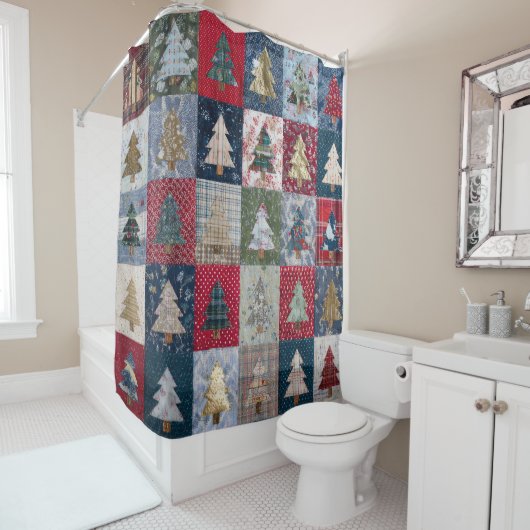 Festive Patchwork Christmas Tree Pattern (4) Douchegordijn (In situ)