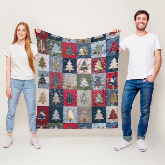 Festive Patchwork Christmas Tree Pattern (4) Fleece Deken (In situ)