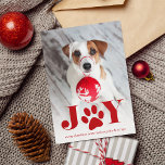 Festive Paws | Pet Photo Holiday Card Feestdagenkaart<br><div class="desc">De flitsende fotomkaart kenmerkt een favoriete foto van uw hond met "JOY"als rode tekstbekleding bij de bodem. Een zoete tekenafbeelding vervangt de "O". Pas met uw douanegroet en namen langs de bodem aan.</div>