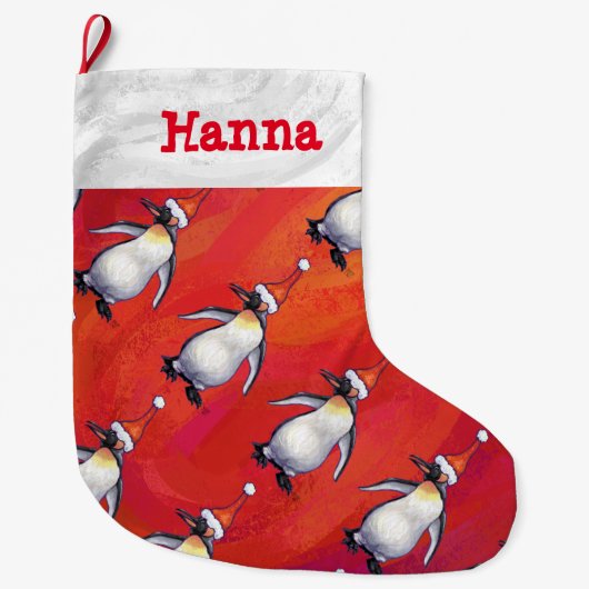 Festive Penguin in a Santa Hat Pattern Grote Kerstsok (Voorkant)