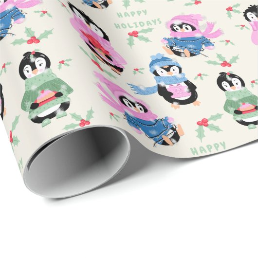 Festive Penguins Pattern Christmas Wrapping Paper Cadeaupapier (Rol Hoek)