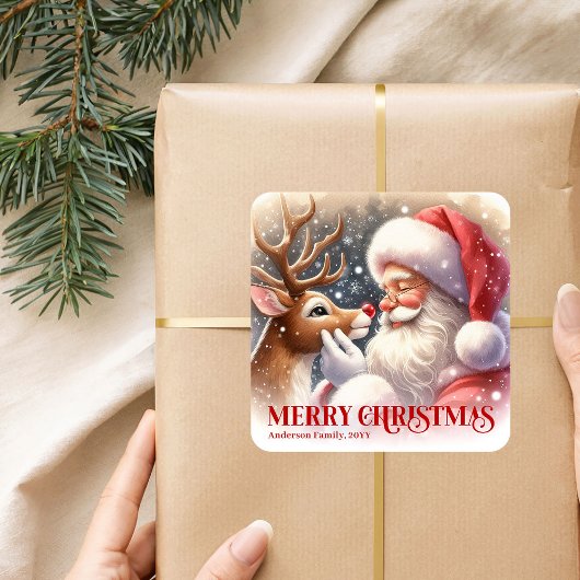 Festive Personalized Santa and Rudolph Christmas  Vierkante Sticker