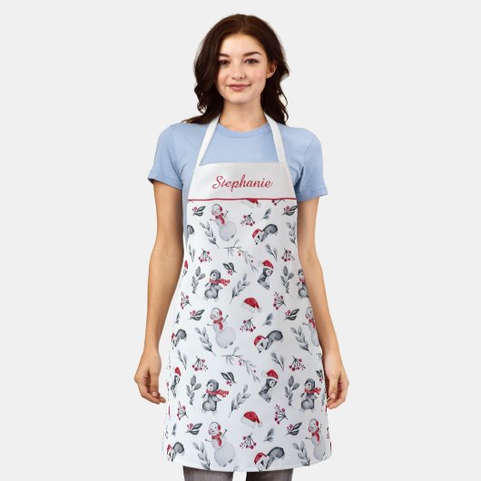 Festive Persoonlijke Waterverf met Kerstmis-pinguï Schort (Gedragen)