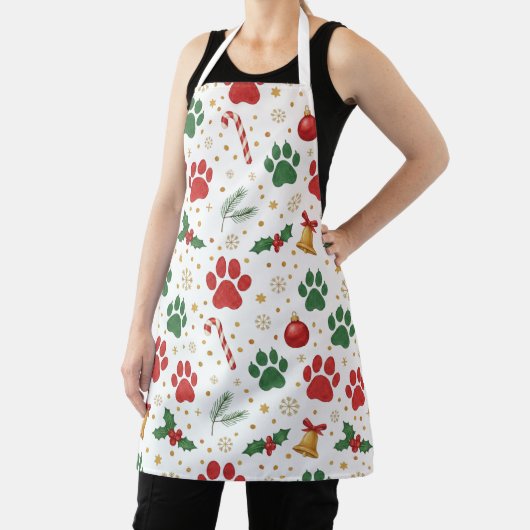 Festive Pet Paw Print Christmas Apron: Red & Green Schort (Insitu)