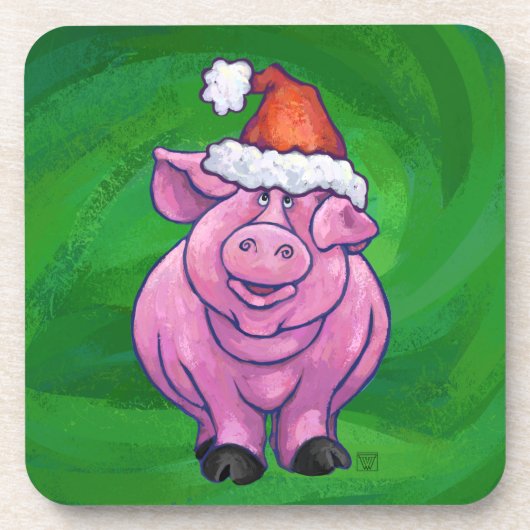 Festive Pig in Santa Hat over Groen Bier Onderzetter (Voorkant)