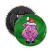 Festive Pig in Santa Hat over Groen Button Flesopener (Voorkant)