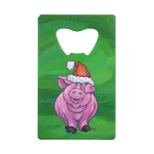 Festive Pig in Santa Hat over Groen Creditkaart Flessenopener