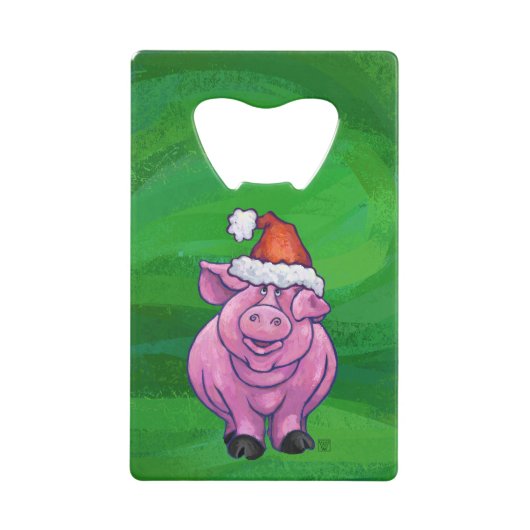 Festive Pig in Santa Hat over Groen Creditkaart Flessenopener (Voorkant)