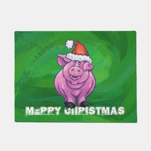 Festive Pig in Santa Hat over Groen Deurmat (Voorkant)
