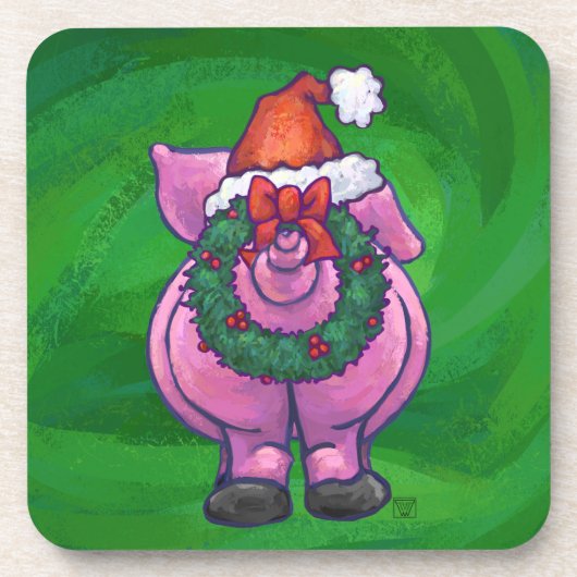 Festive Pig in Santa Hat over Groen Drankjes Onderzetter (Voorkant)