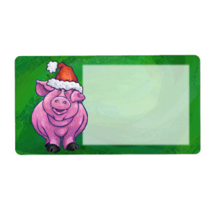Festive Pig in Santa Hat over Groen Etiket