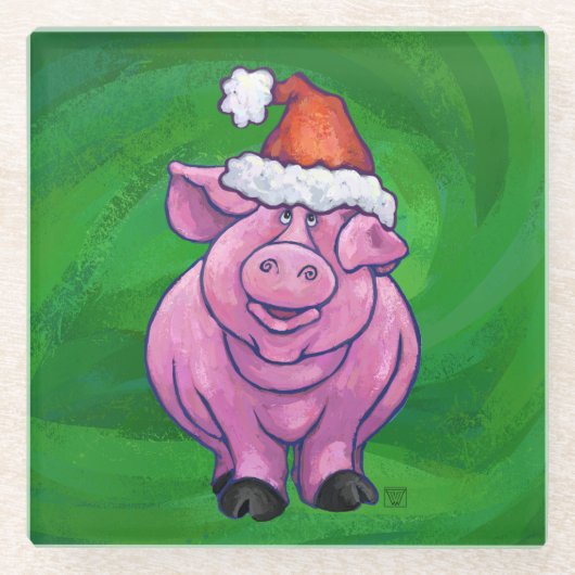Festive Pig in Santa Hat over Groen Glazen Onderzetter (Voorkant)