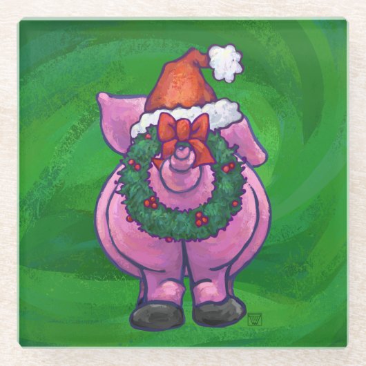 Festive Pig in Santa Hat over Groen Glazen Onderzetter (Voorkant)