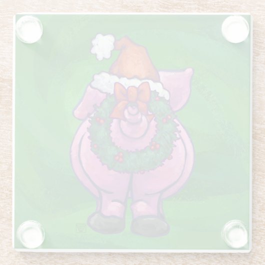 Festive Pig in Santa Hat over Groen Glazen Onderzetter (Achterkant)