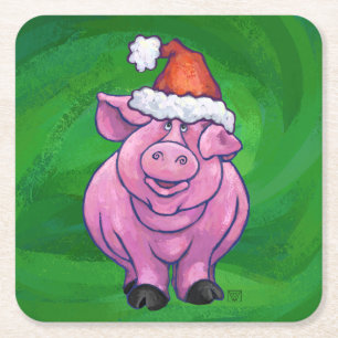 Festive Pig in Santa Hat over Groen Kartonnen Onderzetters