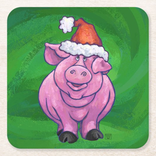 Festive Pig in Santa Hat over Groen Kartonnen Onderzetters (Voorkant)