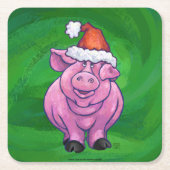 Festive Pig in Santa Hat over Groen Kartonnen Onderzetters (Voorkant)