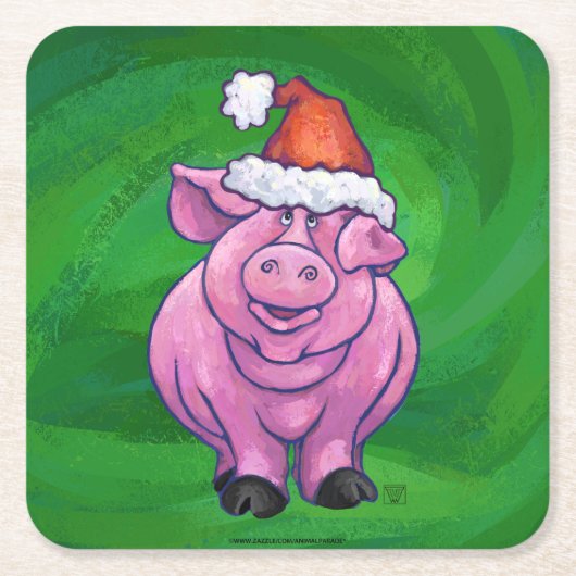 Festive Pig in Santa Hat over Groen Kartonnen Onderzetters (Voorkant)