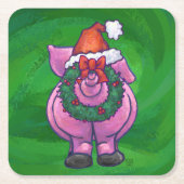 Festive Pig in Santa Hat over Groen Kartonnen Onderzetters (Voorkant)