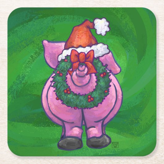 Festive Pig in Santa Hat over Groen Kartonnen Onderzetters (Voorkant)