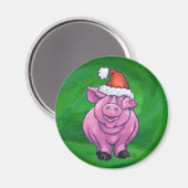 Festive Pig in Santa Hat over Groen Magneet (Voorkant / Achterkant)