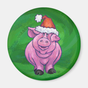 Festive Pig in Santa Hat over Groen Magneet