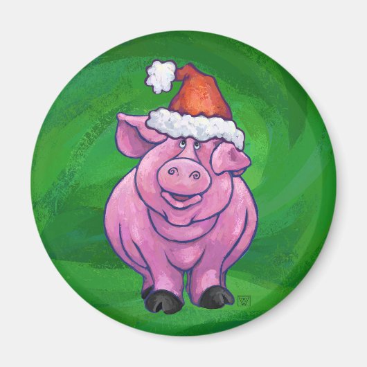 Festive Pig in Santa Hat over Groen Magneet (Voorkant)