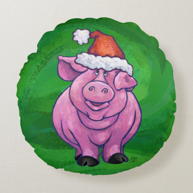 Festive Pig in Santa Hat over Groen Rond Kussen (Voorkant)