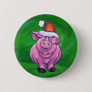 Festive Pig in Santa Hat over Groen Ronde Button 5,7 Cm