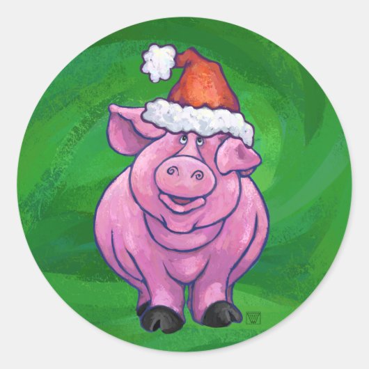 Festive Pig in Santa Hat over Groen Ronde Sticker (Voorkant)