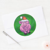 Festive Pig in Santa Hat over Groen Ronde Sticker (Envelop)