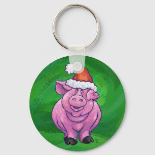 Festive Pig in Santa Hat over Groen Sleutelhanger