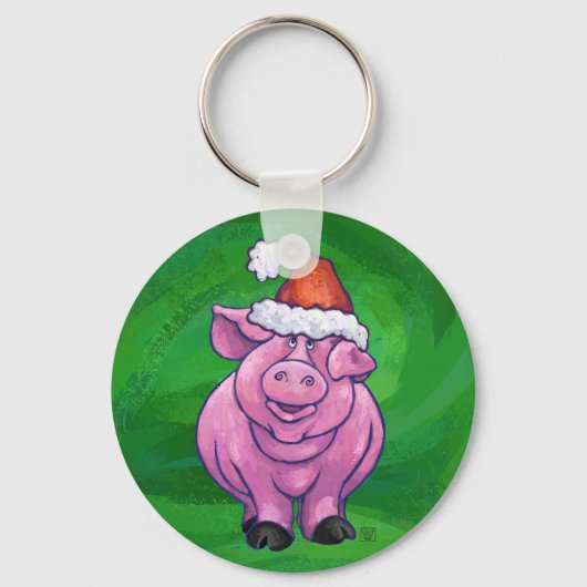 Festive Pig in Santa Hat over Groen Sleutelhanger (Voorkant)