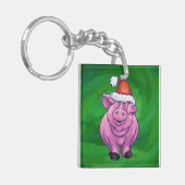 Festive Pig in Santa Hat over Groen Sleutelhanger (Voorkant Links)
